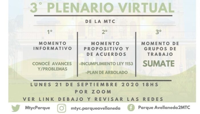 Tercer Plenario virtual de la Mesa de Trabajo y Consenso del Parque Avellaneda
