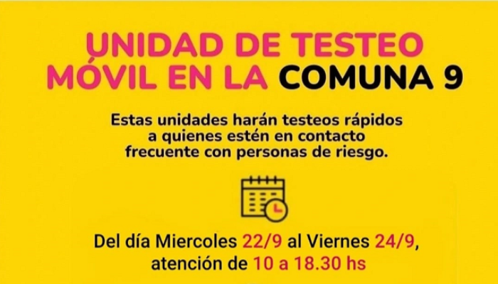 Centros de Testeo en Comuna 9, del 22 al 24 de septiembre