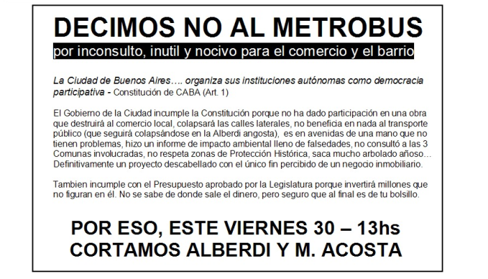 Comerciantes y vecinos se expresan en rechazo al Metrobus Alberdi Directorio