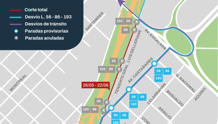 Cortes y desvíos por obras en el entorno de la autopista Dellepiane